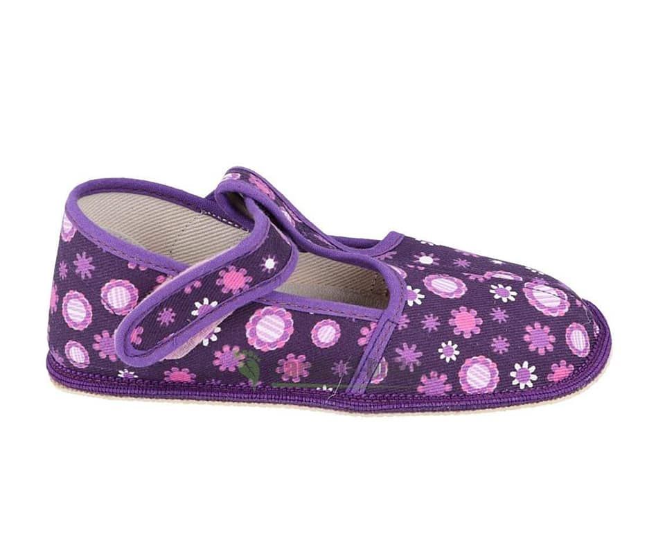 Beda barefoot - užší bačkorky suchý zip -fialové kvítko