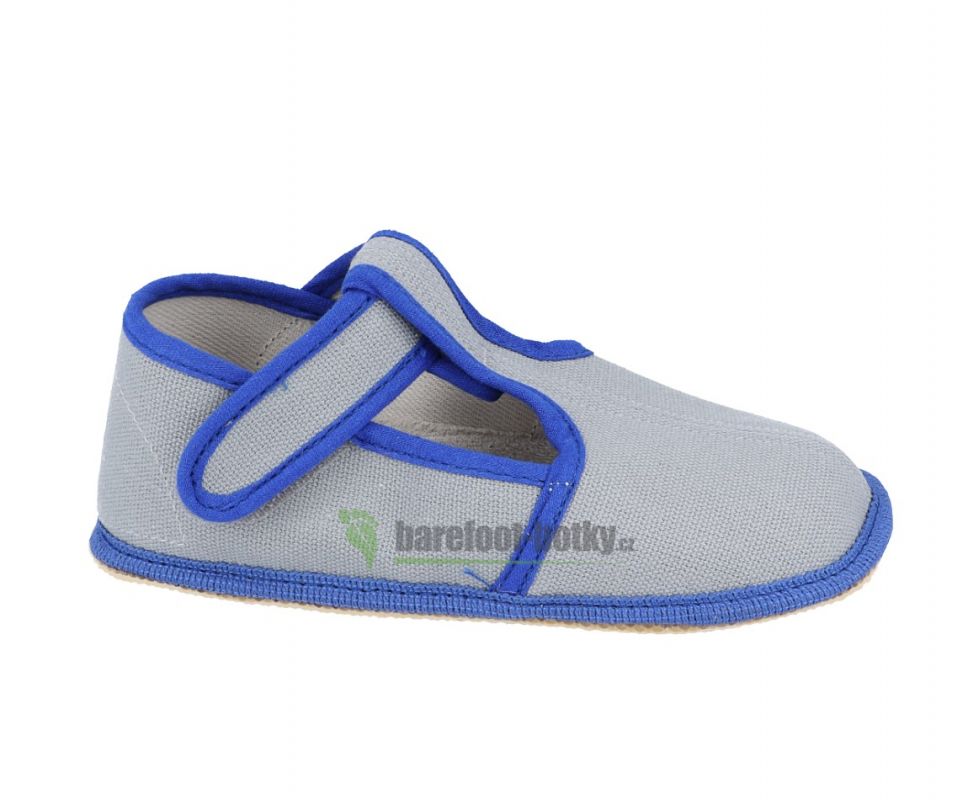 Barefoot Beda barefoot - užší bačkorky suchý zip - šedé s modrým lemováním bosá